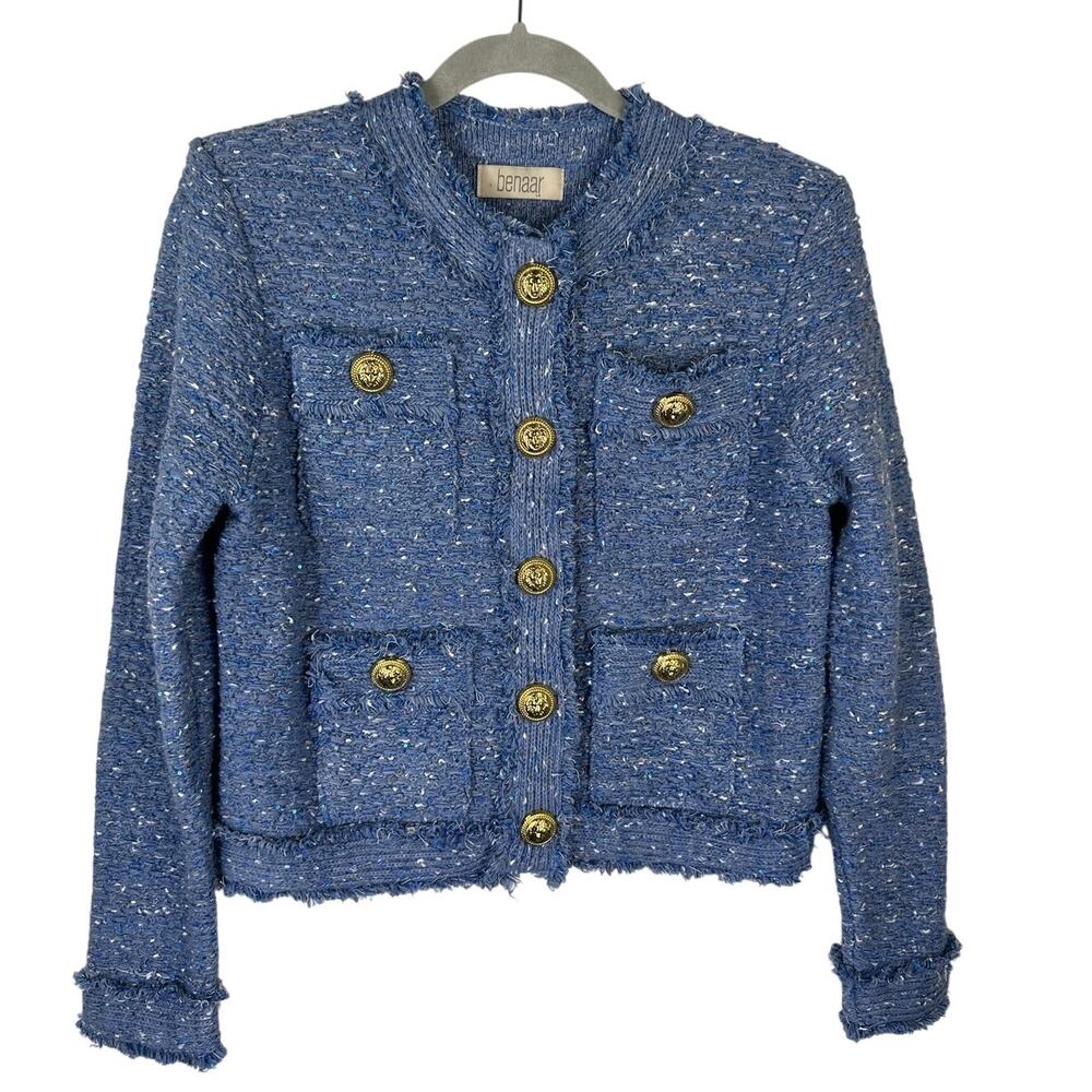 Blue Tweed Button-Front Cardigan Sweater
